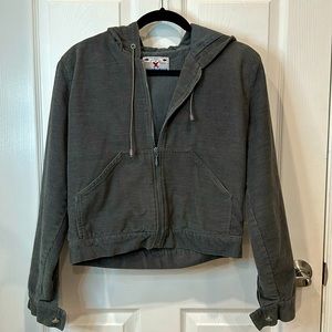 Corduroy Jacket w Zipper Size Small Young Style w Pockets and Hoodie. Gray.